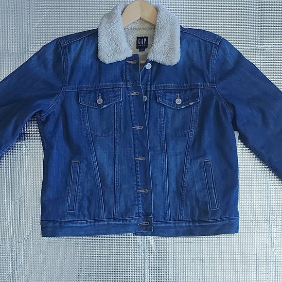 GAP Women Sherpa Lined Blue Denim Jacket Button Size XL - Picture 4 of 11